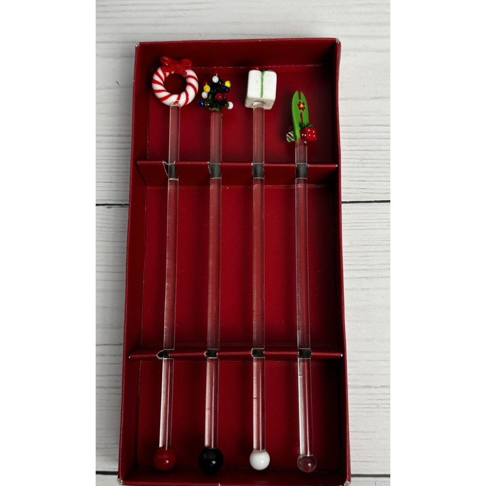 Pier 1 Glass Cocktail Swizzle Sticks Christmas Tree Presents‎ Wreath Surfboard
